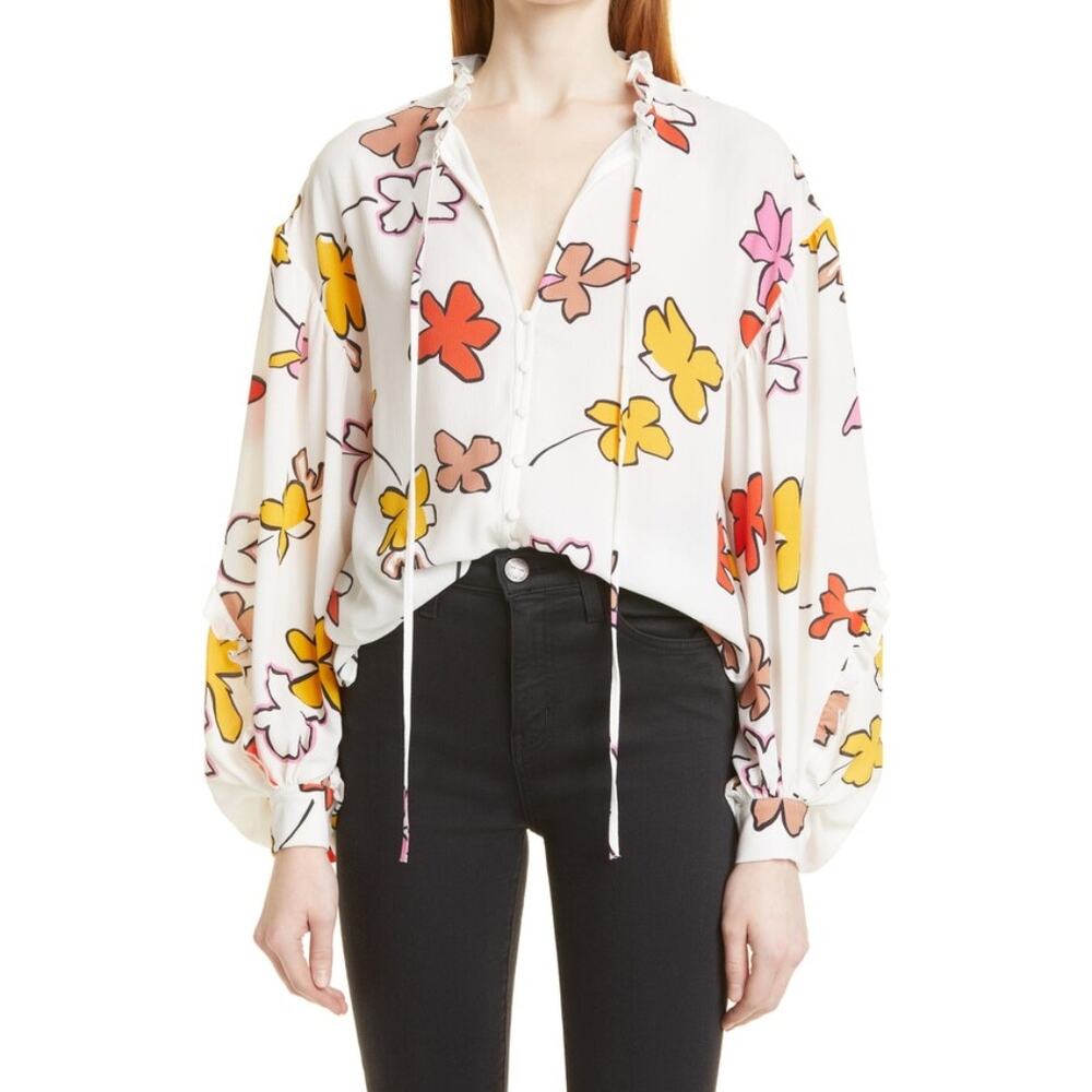 Ted Baker Thurso Floral Blouse Size 4 (Women's 10) White Multicolor Billowy Top